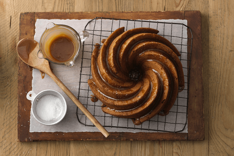 "Betty Crocker One-Bowl Caramelized Banana Bread Bundt Cake with Salted Caramel Glaze "