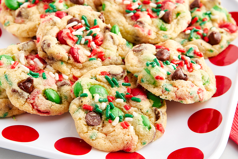 Chocolate chip cookies with holiday-themed sprinkles